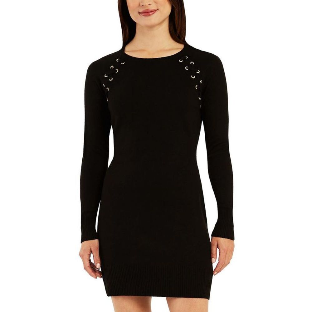 Black Long Sleeve Lace-Up Sweater Dress